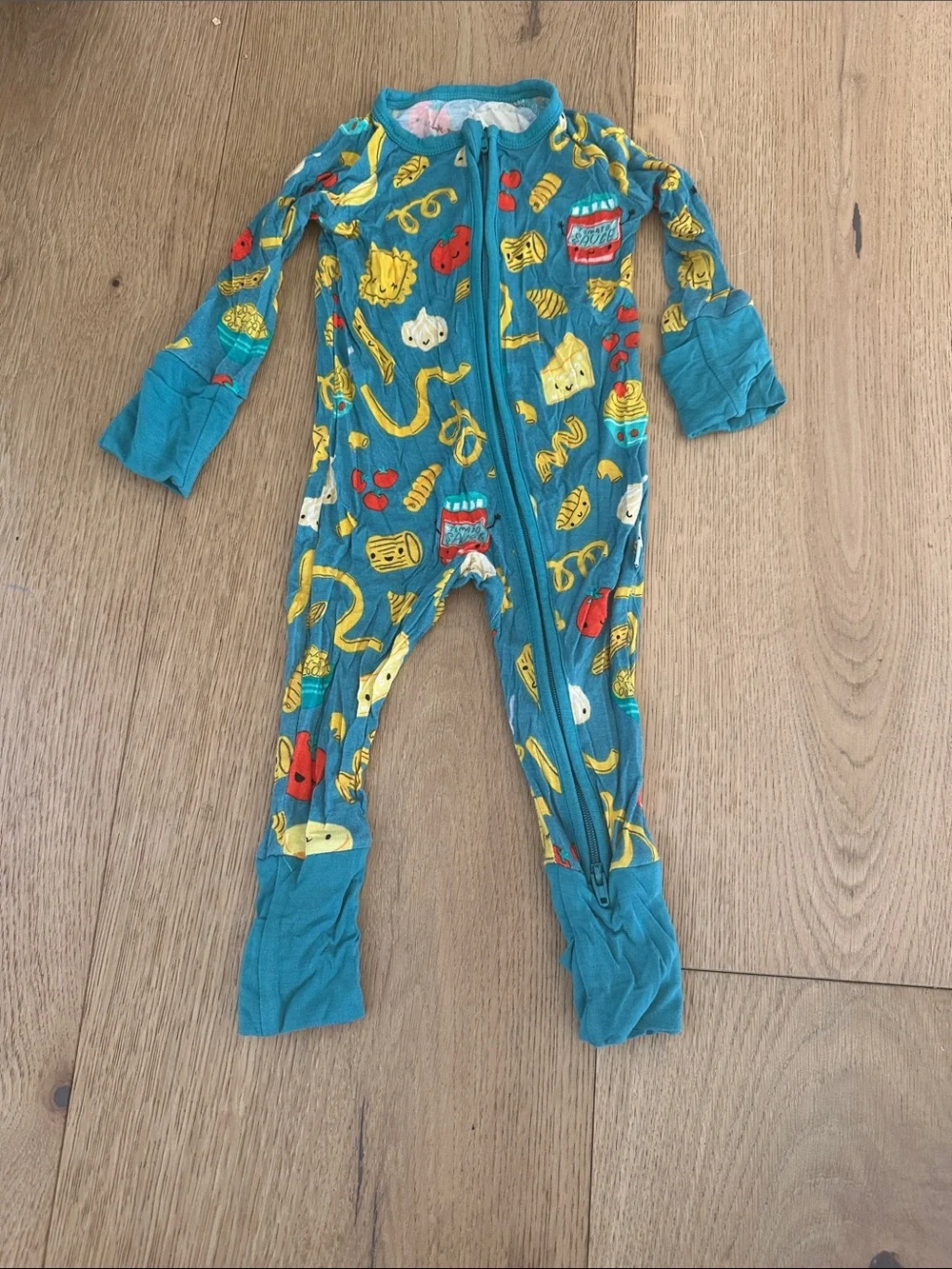 Little sleepies Kids Teal One-Piece Footies Pajamas with Pasta Snack Print 0/3m